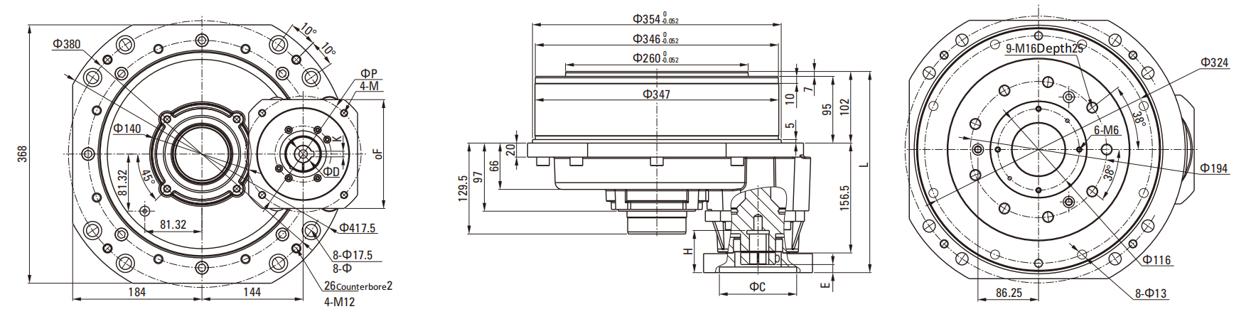 RCA(With Flange) Series RV Cycloidal Pin Wheel Reducer drawing