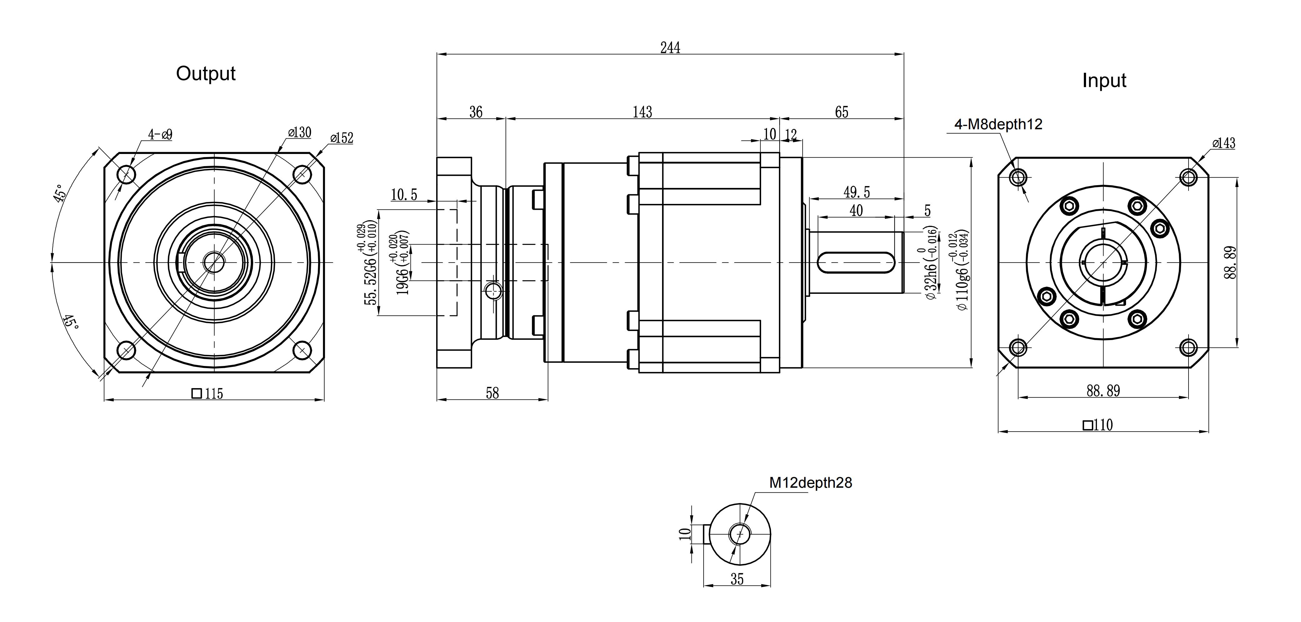 115SB stepper motor assembly dimensional drawing