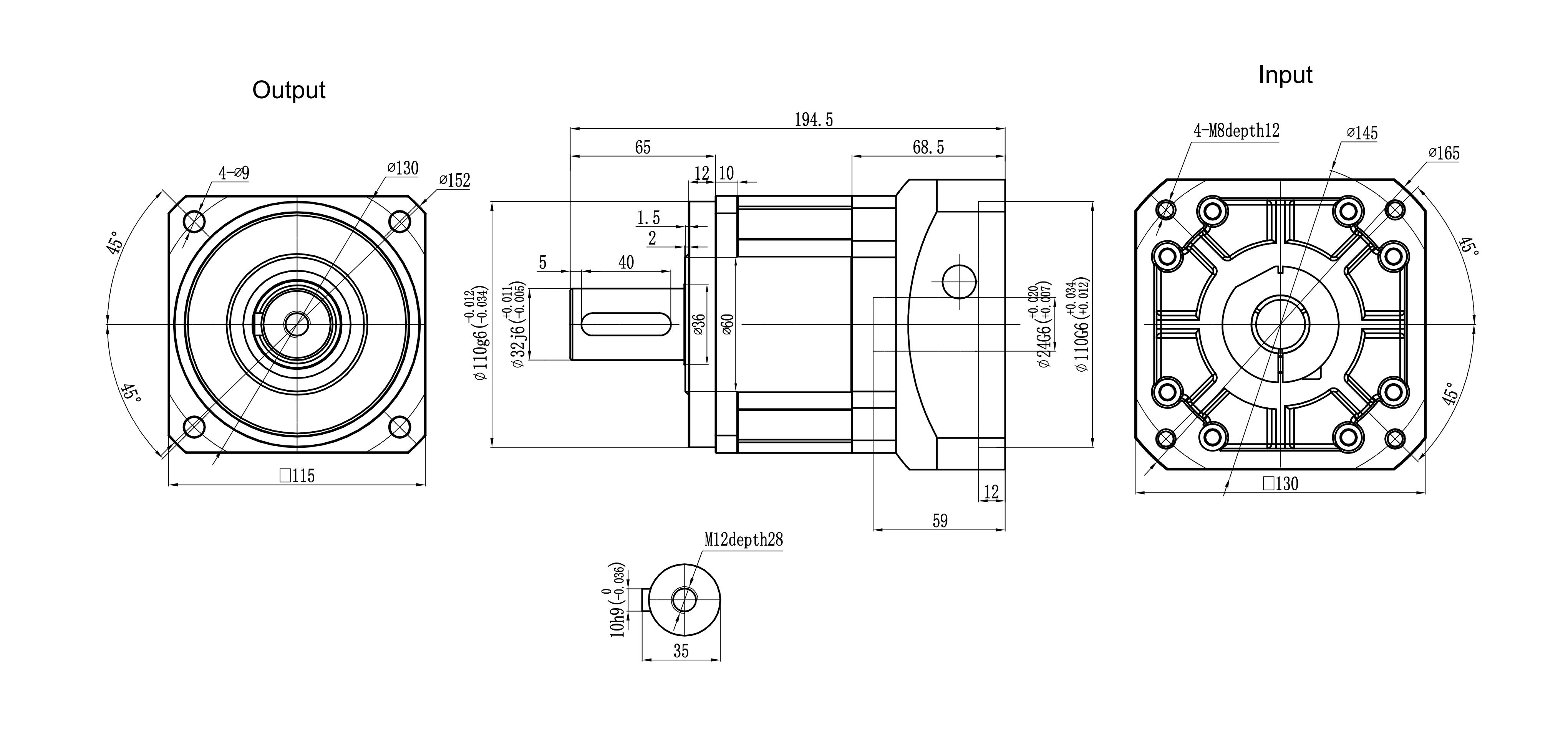 115SBR servo motor assembly dimensional drawing