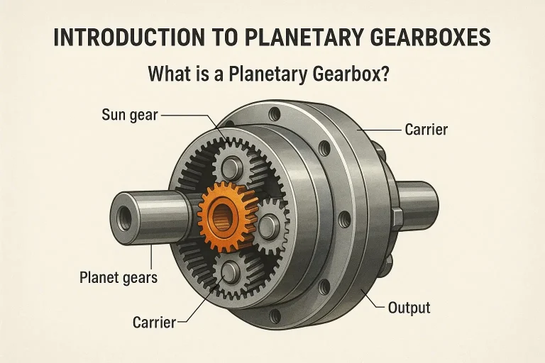 Labeled cutaway of a planetary gearbox identifying the sun gear, planet gears, planet carrier, and output shaft